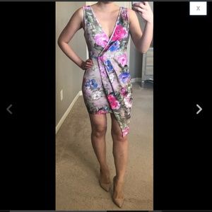 Watercolor Floral V Neck Asymmetrical Dress M